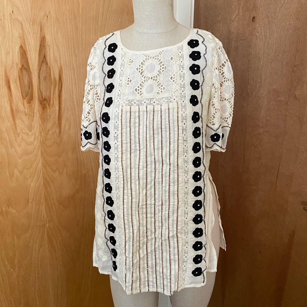 Anthropologie Floreat Cream Lace Blouse with Black Floral Details